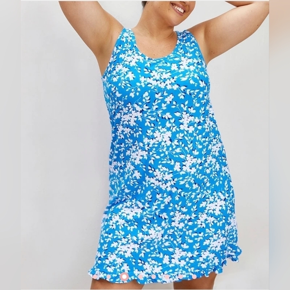 Draper James Super Soft Women's Ruffle Tank Dress Nightie, Blue & White Floral